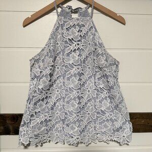 Adiva Blue & White Striped Lace Halter Tank Cottagecore Boho Small